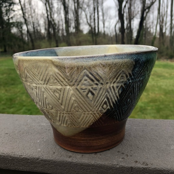 Vintage Pottery Craft Bowl - USA - Textured Geometric Design - Blue Brown Tan - Picture 5 of 10